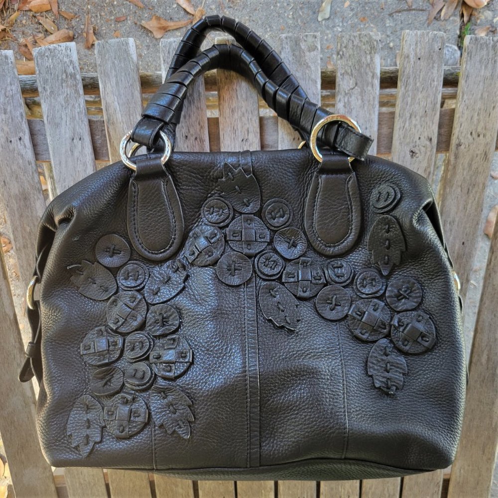 TOSCA BLU Black Leather Applique Satchel Bag
